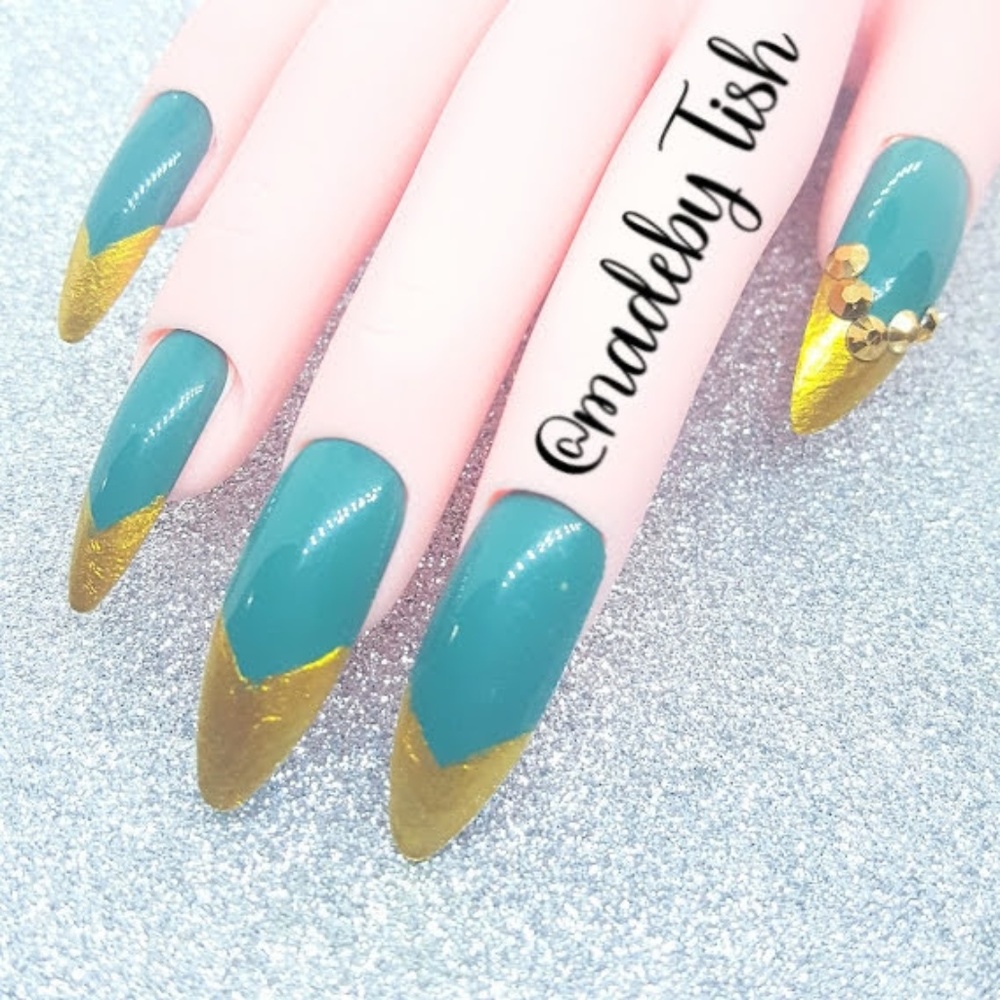 Handmade Gel Press On Nails Teal Gold French Tip